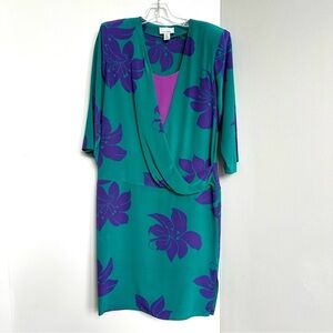 Vintage 100% Silk S.I.L.K.S. By St. Gillian Dress Green Purple Tropical Floral